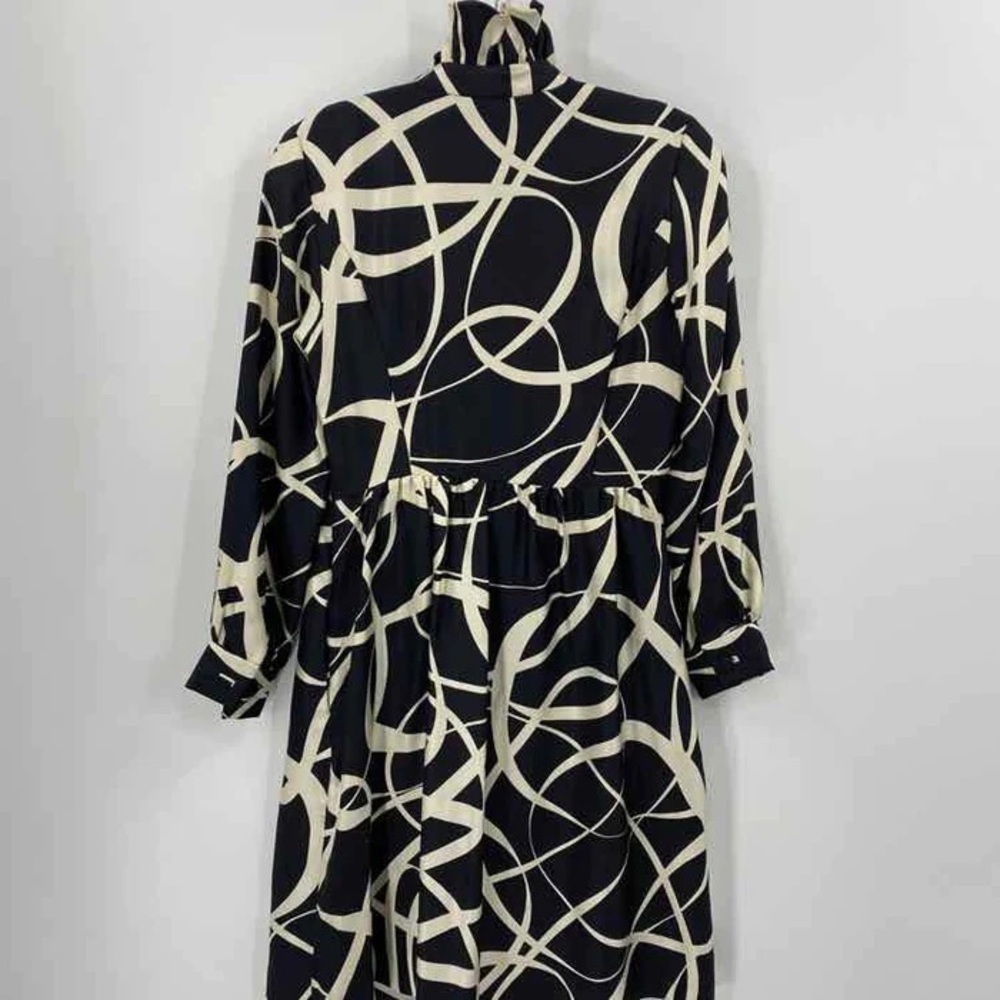 J Crew Womens Size 2 Black‎ and Ivory Silk Ruffled Neck Geometric Print Dress - Picture 6 of 13